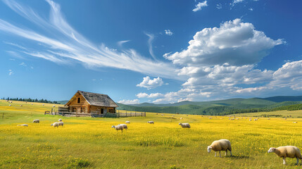 Beautiful grassland biome sheep animal photography AI Generated Image.Generative AI