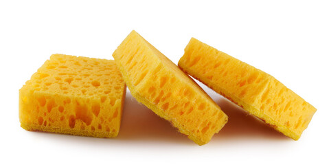 Several yellow sponges for washing dishes isolated on a white background. Household cleaning sponge.