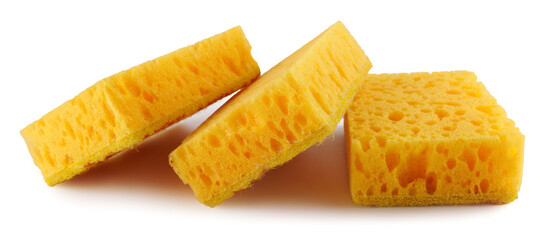 Several yellow sponges for washing dishes isolated on a white background. Household cleaning sponge.