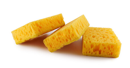 Several yellow sponges for washing dishes isolated on a white background. Household cleaning sponge.
