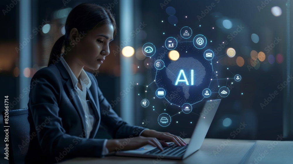 Poster a businesswoman is immersed in her ai project at night in a modern office, with a focus on technolog
