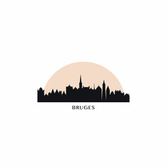 Bruges cityscape skyline city panorama vector flat modern logo icon at sunrise, sunset. Belgium town travel emblem idea with landmarks and building silhouettes. Isolated simple graphic