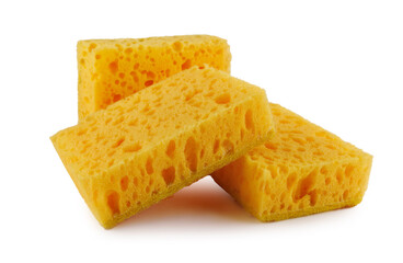 Several yellow sponges for washing dishes isolated on a white background. Household cleaning sponge.