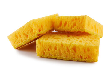 Several yellow sponges for washing dishes isolated on a white background. Household cleaning sponge.