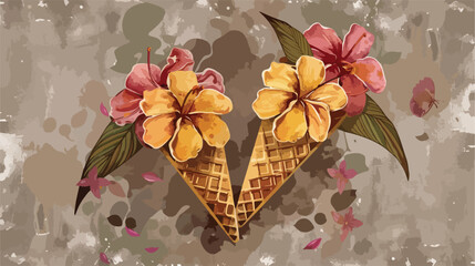 Waffle cones with beautiful flowers and leaves on gru