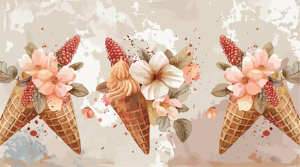 Waffle cones with beautiful flowers and leaves on gru