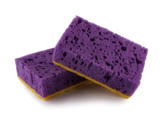 Several purple and yellow dishwashing sponges isolated on a white background. Household cleaning sponge.