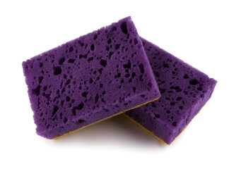 Several purple and yellow dishwashing sponges isolated on a white background. Household cleaning sponge.