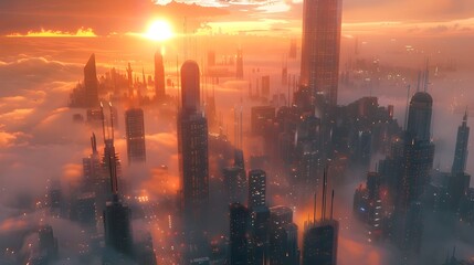 Futuristic Cityscape Under Radiant Barrier Coating at Sunset,Gleaming Skyscrapers in Vibrant Urban Panorama