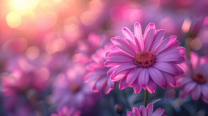 Beautiful Floral Background. Bottom View on a Gentle Purple Daisy Flowers in Bright Sunny Day. 
