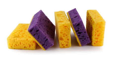 Several purple and yellow dishwashing sponges isolated on a white background. Household cleaning...