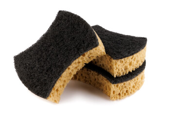 Three beautiful curly dishwashing sponges isolated on a white background. Household cleaning sponge.