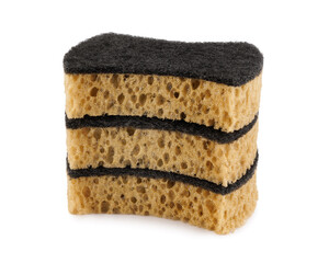 A stack of three beautiful shaped dishwashing sponges isolated on a white background. Household cleaning sponge.