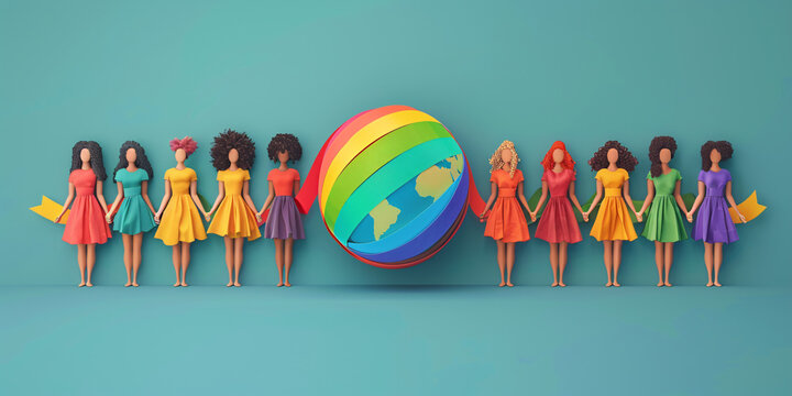 Flat minimalist illustration of a globe wrapped in a rainbow ribbon held by diverse women