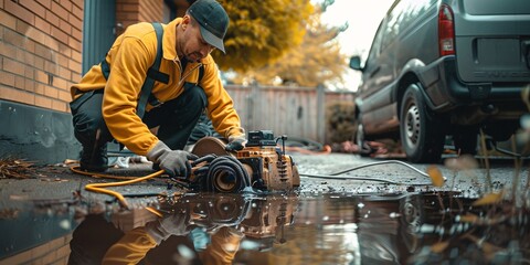 A plumbing service inspects a clogged drain using a video tool prior to clearing it.