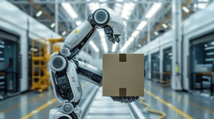 Modern completely black logistic unloading robot arm holding a box, with details wires and gears in white hangar. Generative AI.