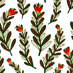 Texture plants, herbs, twigs with leaves. Folk art. Plant organic pattern. Cartoon style. Hand drawn elements. Vector seamless overlapping pattern.