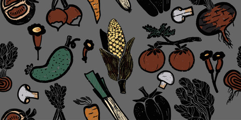 Texture vegetables, graphics. Plant organic pattern. Cartoon style. Hand drawn elements. Vector seamless overlapping pattern.
