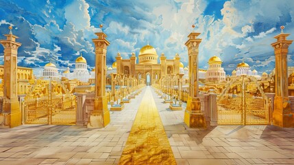 Naklejka premium Watercolor Biblical Illustration of The Vision of the New Jerusalem with Golden Streets and Pearly Gates, Perfect for Depictions of Heaven and Eternity