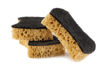 Three beautiful curly dishwashing sponges isolated on a white background. Household cleaning sponge.