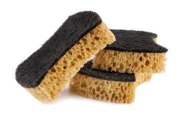 Three beautiful curly dishwashing sponges isolated on a white background. Household cleaning sponge.