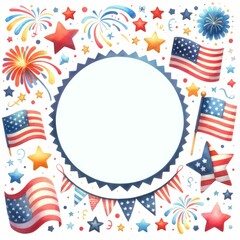 Obraz premium Fourth of July themed border and frame. watercolor illustration, Perfect for nursery art, simple clipart, single object, white color background.