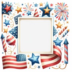 Obraz premium Fourth of July themed border and frame. watercolor illustration, Perfect for nursery art, simple clipart, single object, white color background.