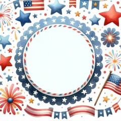 Obraz premium Fourth of July themed border and frame. watercolor illustration, Perfect for nursery art, simple clipart, single object, white color background.