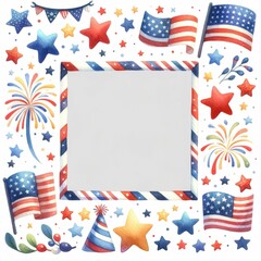 Fototapeta premium Fourth of July themed border and frame. watercolor illustration, Perfect for nursery art, simple clipart, single object, white color background.
