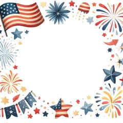 Obraz premium Fourth of July themed border and frame. watercolor illustration, Perfect for nursery art, simple clipart, single object, white color background.