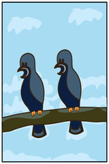 Pigeons sitting on a branch. Bird illustration in cartoon style. Cute and unique animal design elements. Illustration of a pair of crows or pigeons.