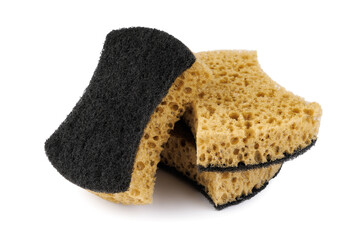Beautifully arranged curly sponges for washing dishes isolated on a white background. Household cleaning sponge.