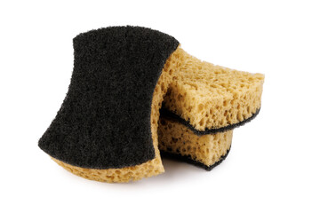 Beautifully arranged curly sponges for washing dishes isolated on a white background. Household cleaning sponge.
