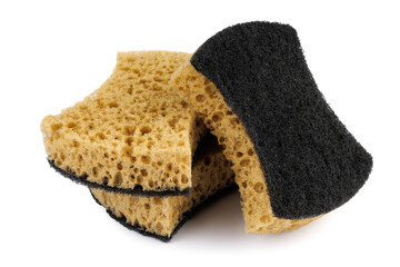 Beautifully arranged curly sponges for washing dishes isolated on a white background. Household cleaning sponge.