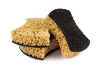Beautifully arranged curly sponges for washing dishes isolated on a white background. Household cleaning sponge.