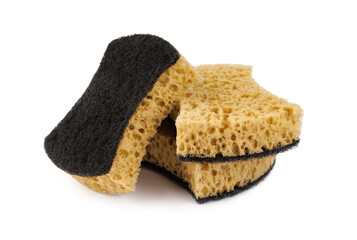 Beautifully arranged curly sponges for washing dishes isolated on a white background. Household cleaning sponge.