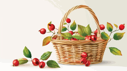 Basket with fresh rose hip berries and leaves on white background