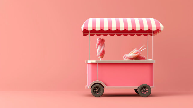 Portable candy floss trolley flat design, side view, minimalist theme, 3D render, analogous color scheme