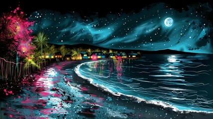 The beautiful painting shows the night view of a small town by the sea. The bright full moon is shining over the calm water, and the colorful lights of