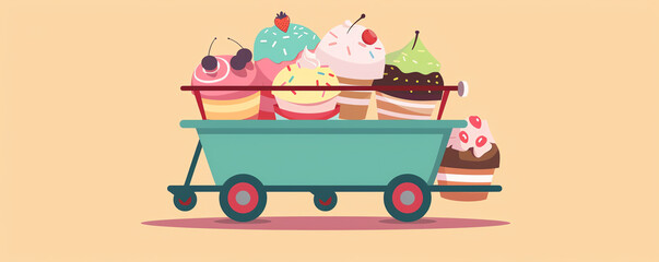 Obraz premium Portable treats trolley flat design, side view, retro theme, cartoon drawing, triadic color scheme