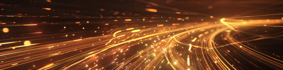 Golden Light Trails on Highway at Night