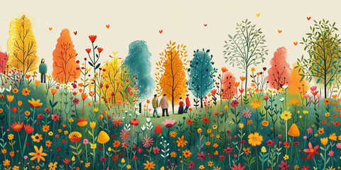 Flat minimalist illustration of diverse community garden with rainbow flowers and people