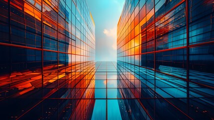 Abstract business architecture background with modern glass skyscrapers, low angle view of office buildings in cityscape at daylight