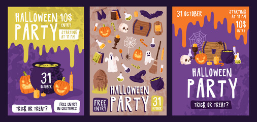 Advertising posters of Halloween party set. Design of Helloween holiday ad flyers with witch cauldron, spooky pumpkins. Template of festive event promotion on October 31. Flat vector illustrations