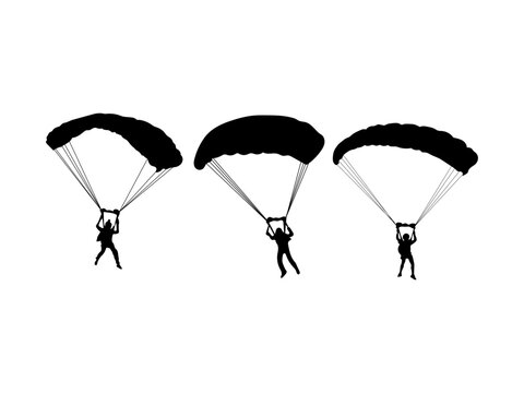 Skydiver silhouette. Skydiving with parachute. Set of skydivers isolated on a white background.