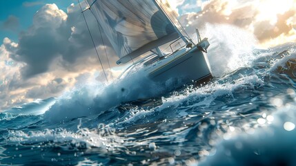 Obraz premium Sleek Modern Sailboat Slicing Through Turbulent Waves in Dramatic Seascape