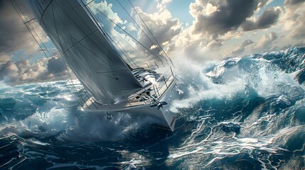 Powerful Sailboat Carving Through Turbulent Ocean Against Dramatic Sky