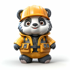 3d rendered illustration of Panda cartoon character with safety helmet and safety vest