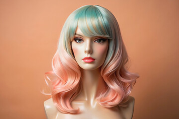 Mannequin in color hair Wig over peach color background