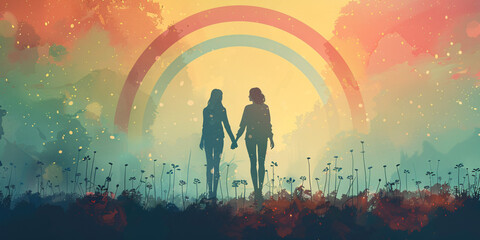 Fototapeta premium Flat minimalist illustration of female couple holding hands with rainbow aura surrounding them